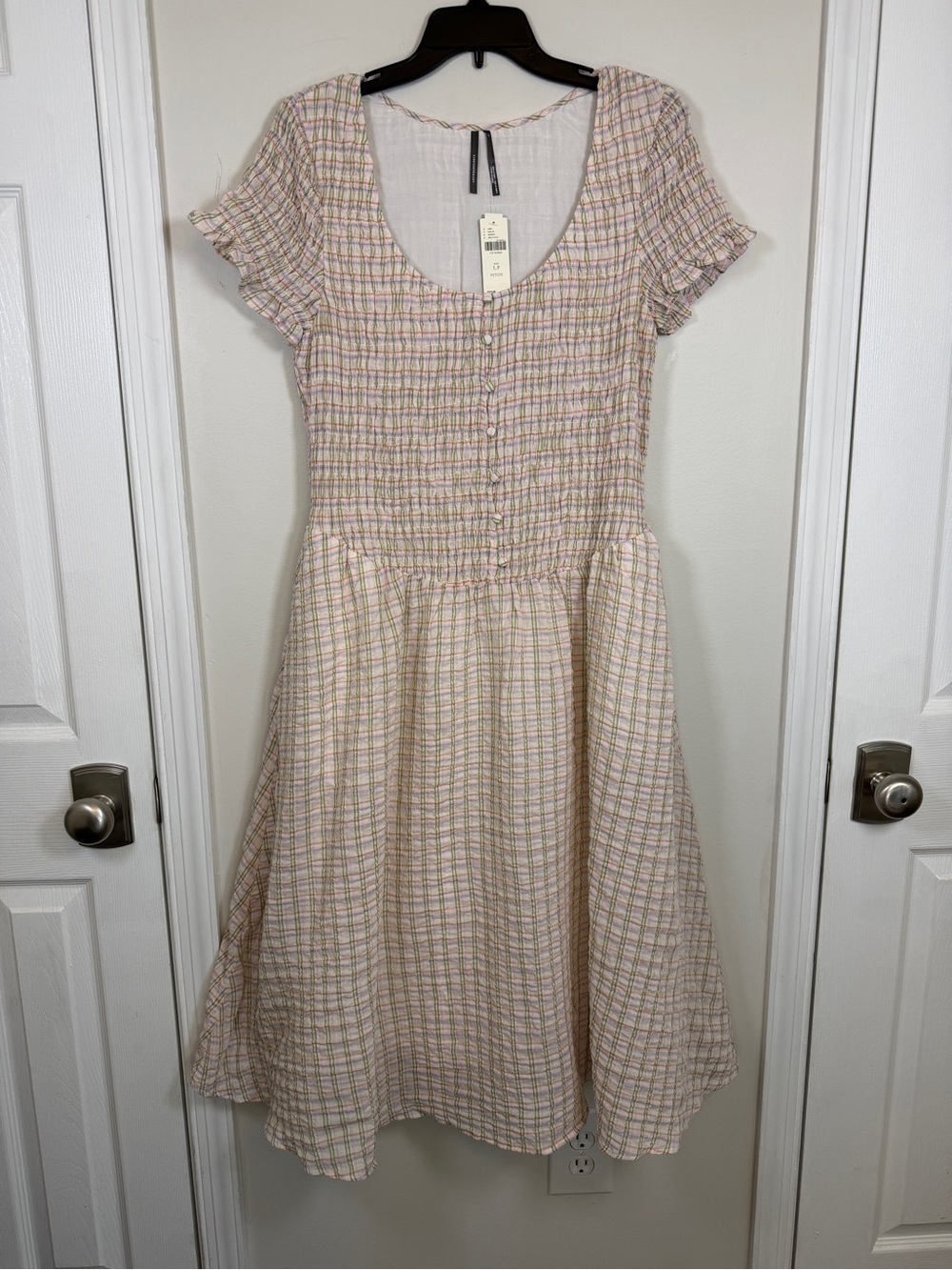 Anthropologie Plaid Smocked Cotton Midi Dress L Petite Cottagecore Boho Button